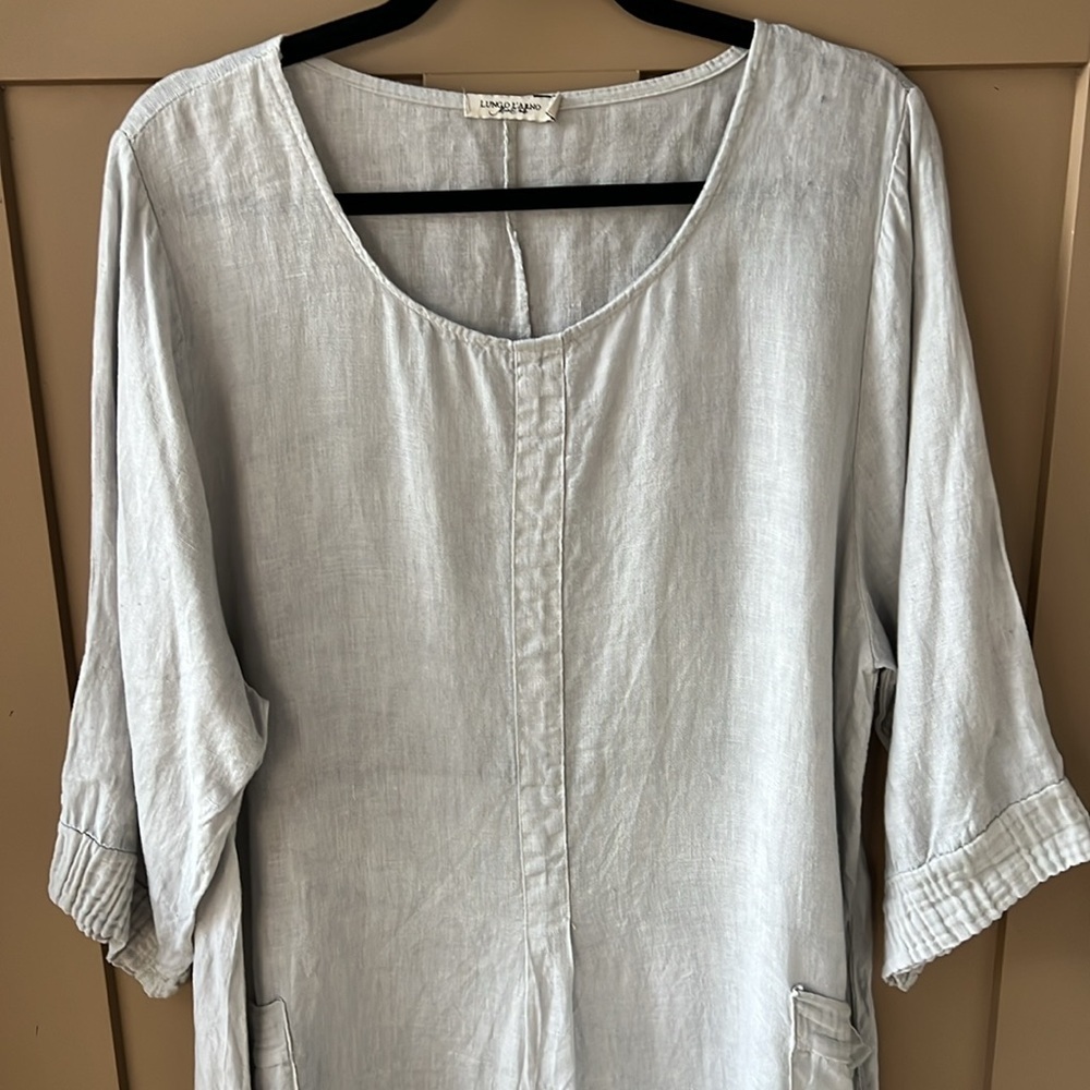 Lungo L’arno 1X 100% Linen Light Gray Lagenlook Boho Shift Long Tunic - Picture 2 of 9
